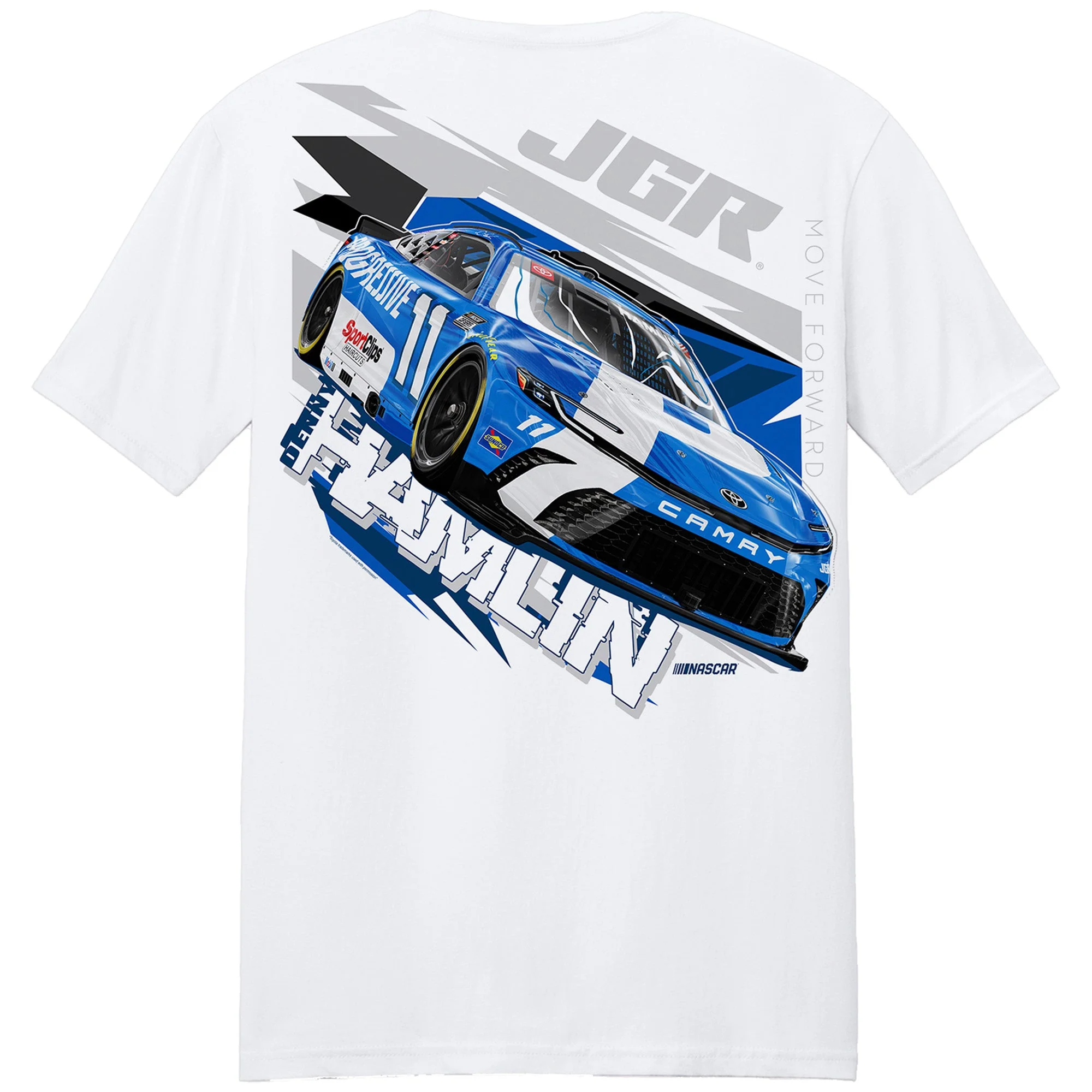 Denny Hamlin Progressive White 2-Spot T-Shirt - Image 3